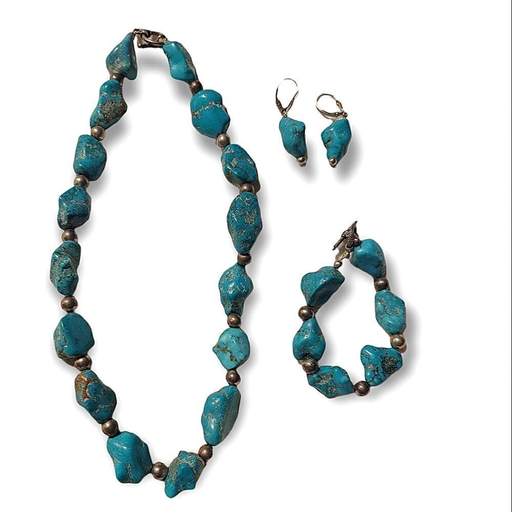 Chunky Raw Turquoise Necklace Bracelet and Earrings Set